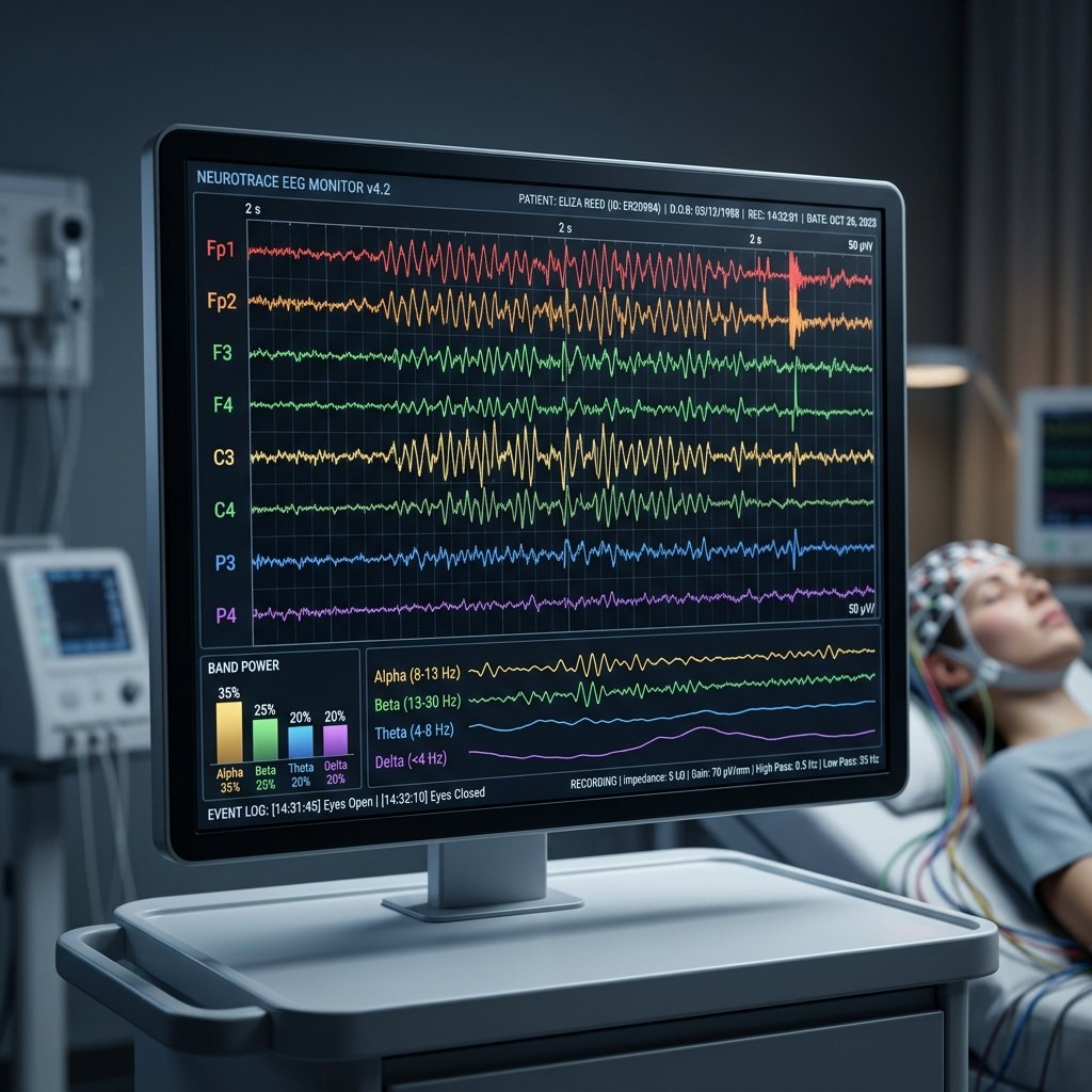 Clinical EEG Monitor displaying brain electrical signaling waves