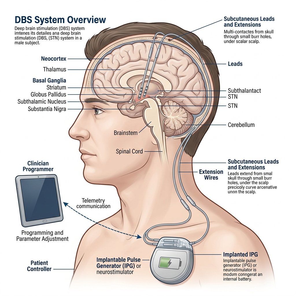 Deep Brain Stimulation (DBS) Device and Target Brain Anatomy Diagram